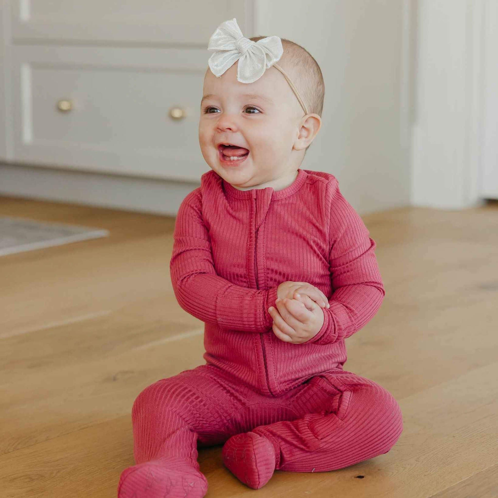 Rib Knit Zip-Up Footie Pajama - Berry