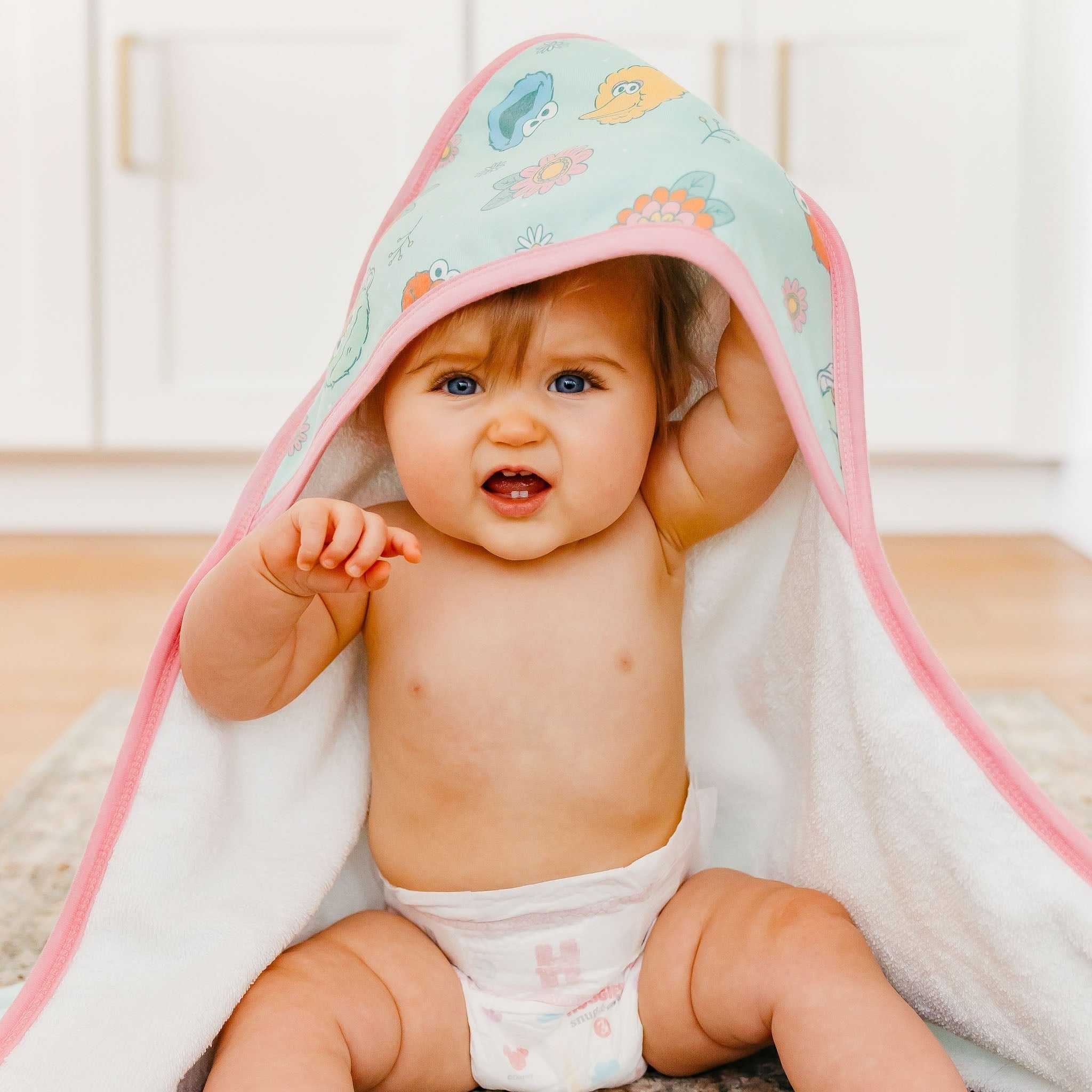 Premium Baby Knit Hooded Towel - Sesame Street Retro Floral