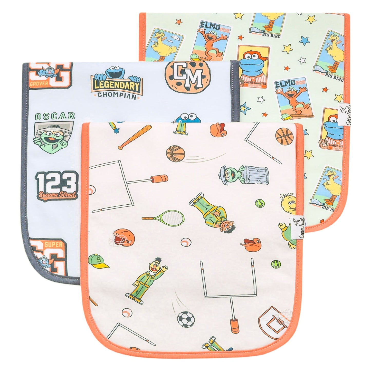 3 Pack Premium Burp Cloths - Sesame Street Varsity Friends