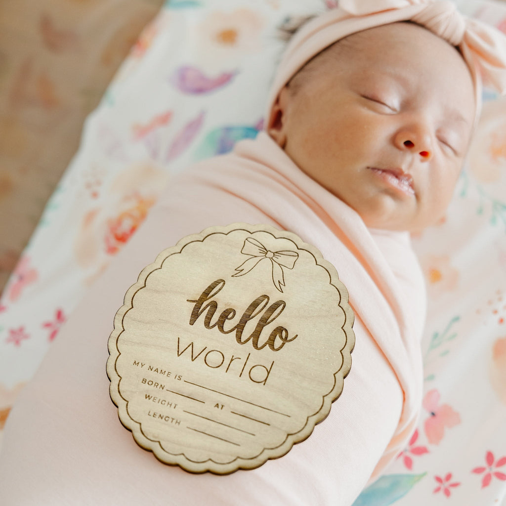 Wooden Announcement Sign - Hello World Bow